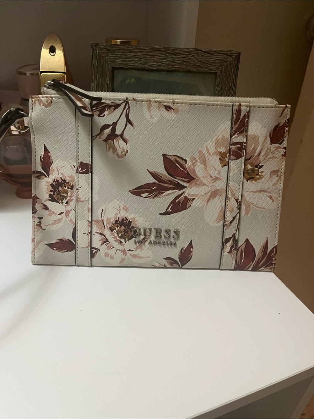 GUESS Floral Wristlet Clutch in Cream and Brown Floral